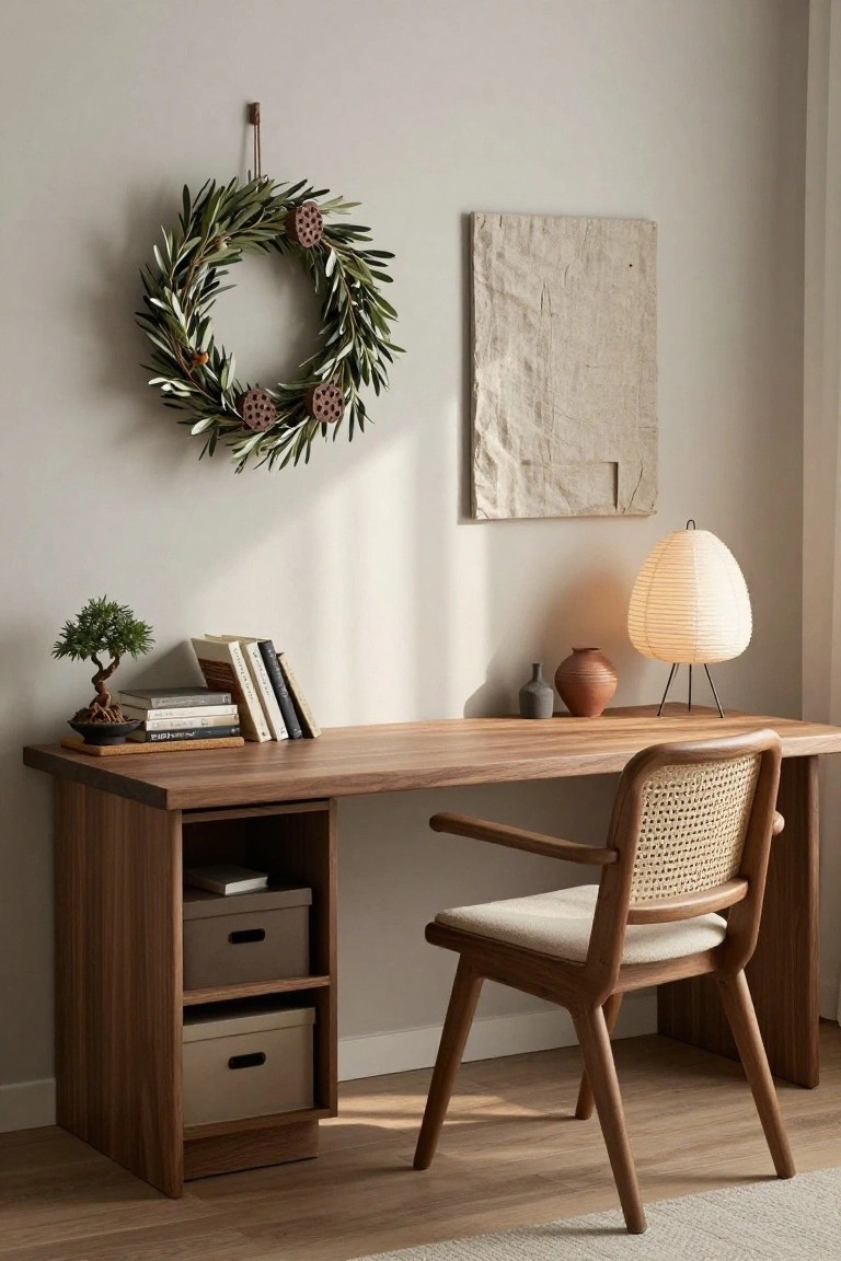 A wreath of olive branches with pinecones and lotus seed pods hangs on a light beige wall above a wooden desk holding a bonsai tree and books, with a rattan chair, paper lantern lamp, and beige fabric artwork nearby in a minimalist room.