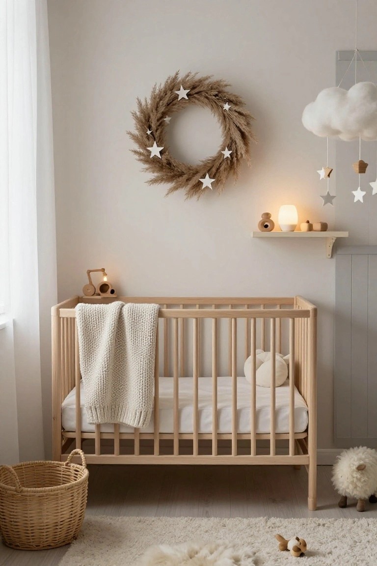 Neutral nursery with light wood crib draped in white knit blanket, pampas grass wreath with white stars on beige wall above crib, wooden shelf with lamp and toys, fluffy white rug, basket, and sheep plush on floor.