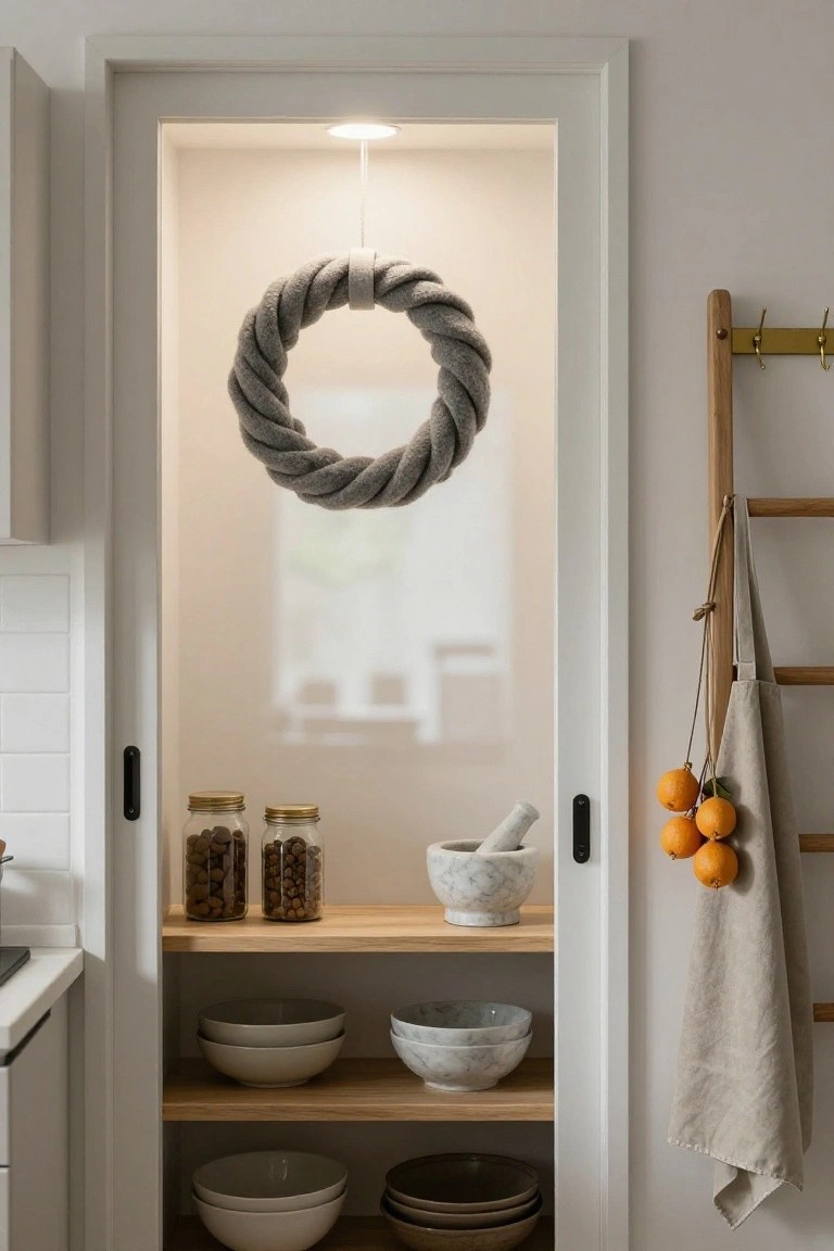 Open glass door of an illuminated kitchen pantry revealing wooden shelves with stacked bowls, jars of nuts, a mortar and pestle, and a hanging gray twisted rope wreath inside, with a wooden ladder and towel holding oranges nearby.