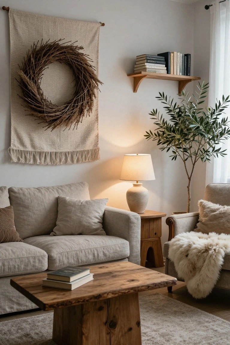 Living room featuring a beige linen sofa with pillows, wooden coffee table with stacked books, side table with ceramic lamp, olive tree in pot, wooden bookshelf with books, and a large dried wheat wreath hanging on a fringed beige tapestry wall hanging.