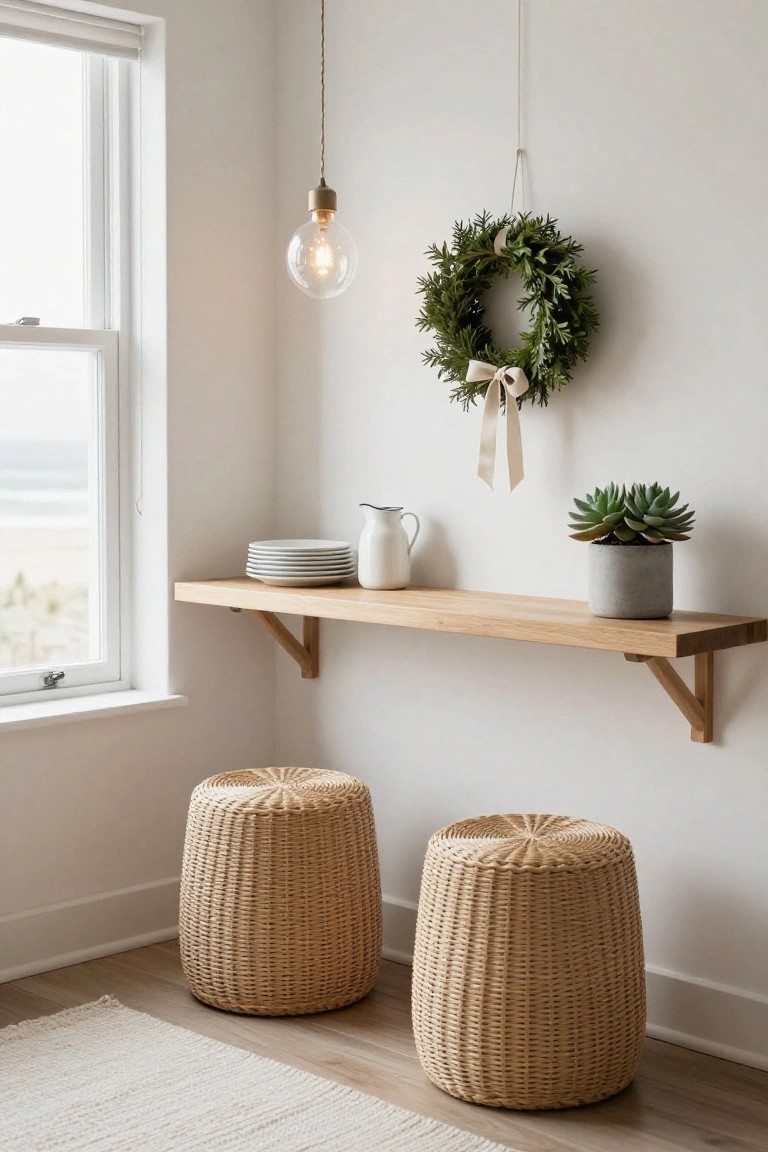 Green evergreen Christmas wreath with cream bow hanging on white wall above oak floating shelf with stacked white plates, white milk jug, and gray potted succulent, two rattan stools on wood floor below window with beach view.