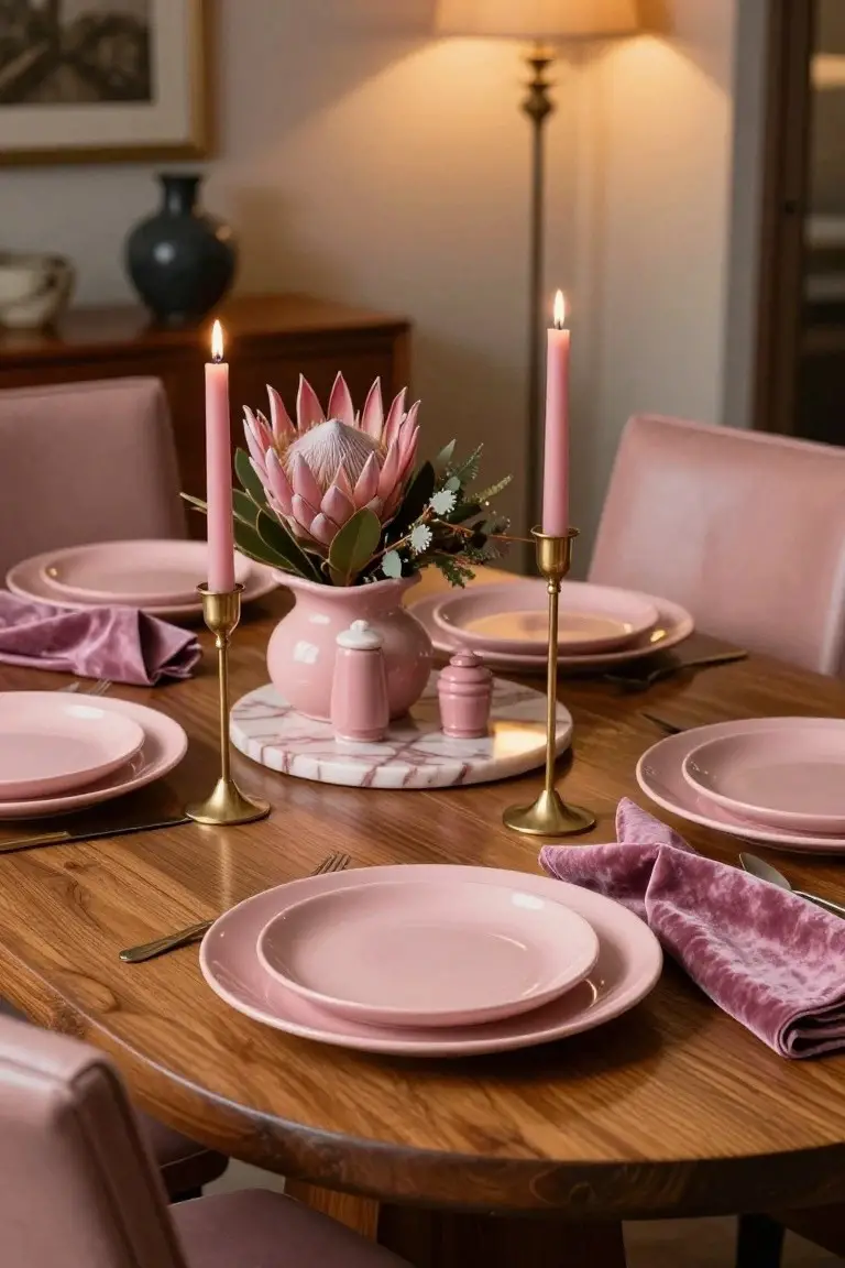 Close-up of a round wooden dining table set for a meal with blush pink ceramic plates and bowls, gold candelabras with lit pink candles, a pink vase holding protea flowers and greens, pink salt and pepper shakers on a marble tray, purple velvet napkins, and pink upholstered chairs in the background.