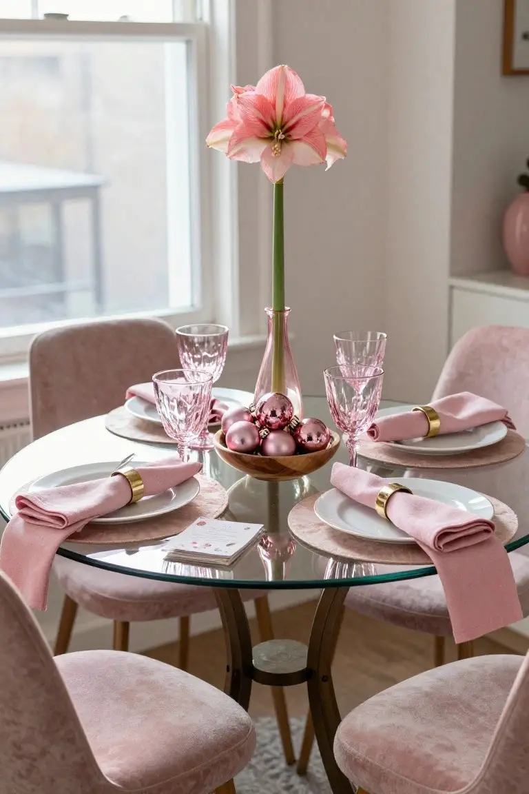 Round glass dining table set for four with central tall pink amaryllis on a green stem, pink Christmas baubles in a wooden bowl, pink textured glassware, white plates with pink napkins and gold rings on pink placemats, surrounded by pink velvet chairs in a light pink room with window.