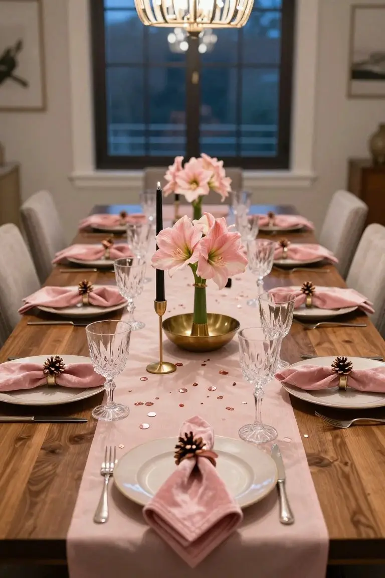 A long wooden dining table set for Christmas with a pink satin runner, pink velvet napkins tied with gold pinecone rings, pink amaryllis flowers in vases and gold holders, crystal glassware, white plates, and pink confetti scattered on the table.