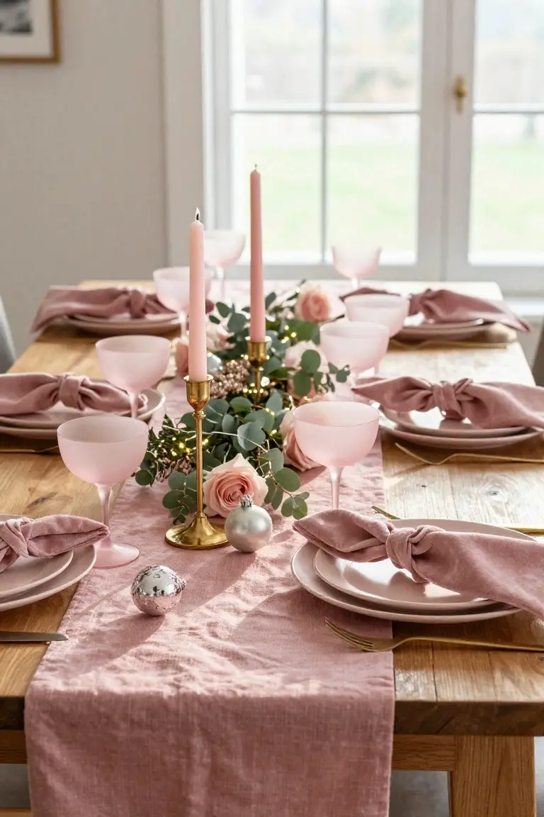 Wooden dining table set for Christmas with a pink linen runner, blush pink glass coupes, tied pink napkins, eucalyptus garland, pink candles in gold holders, and scattered silver ornaments.