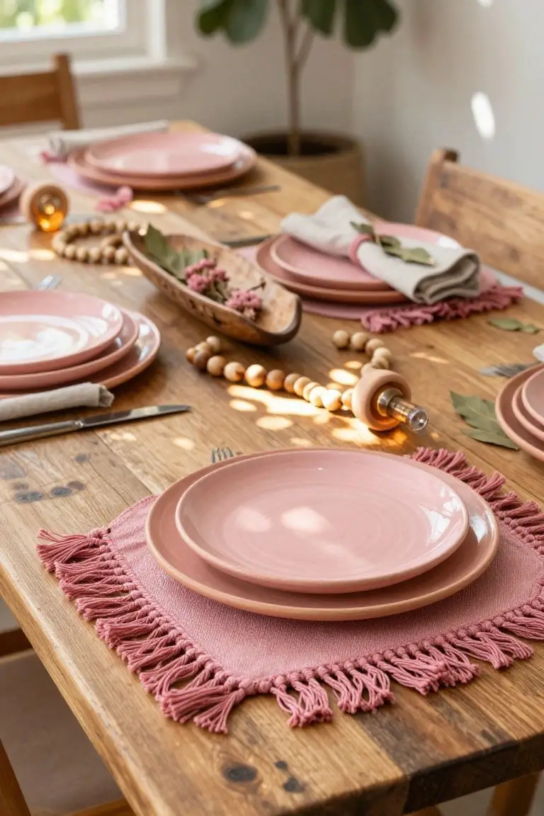 Wooden dining table set with stacked blush pink plates on pink fringed placemats, wooden bead strands, bay leaves, linen napkins, and scattered flowers.