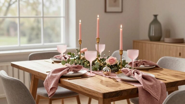 Wooden dining table set for Christmas with a pink linen runner, blush pink glass coupes, tied pink napkins, eucalyptus garland, pink candles in gold holders, and scattered silver ornaments.