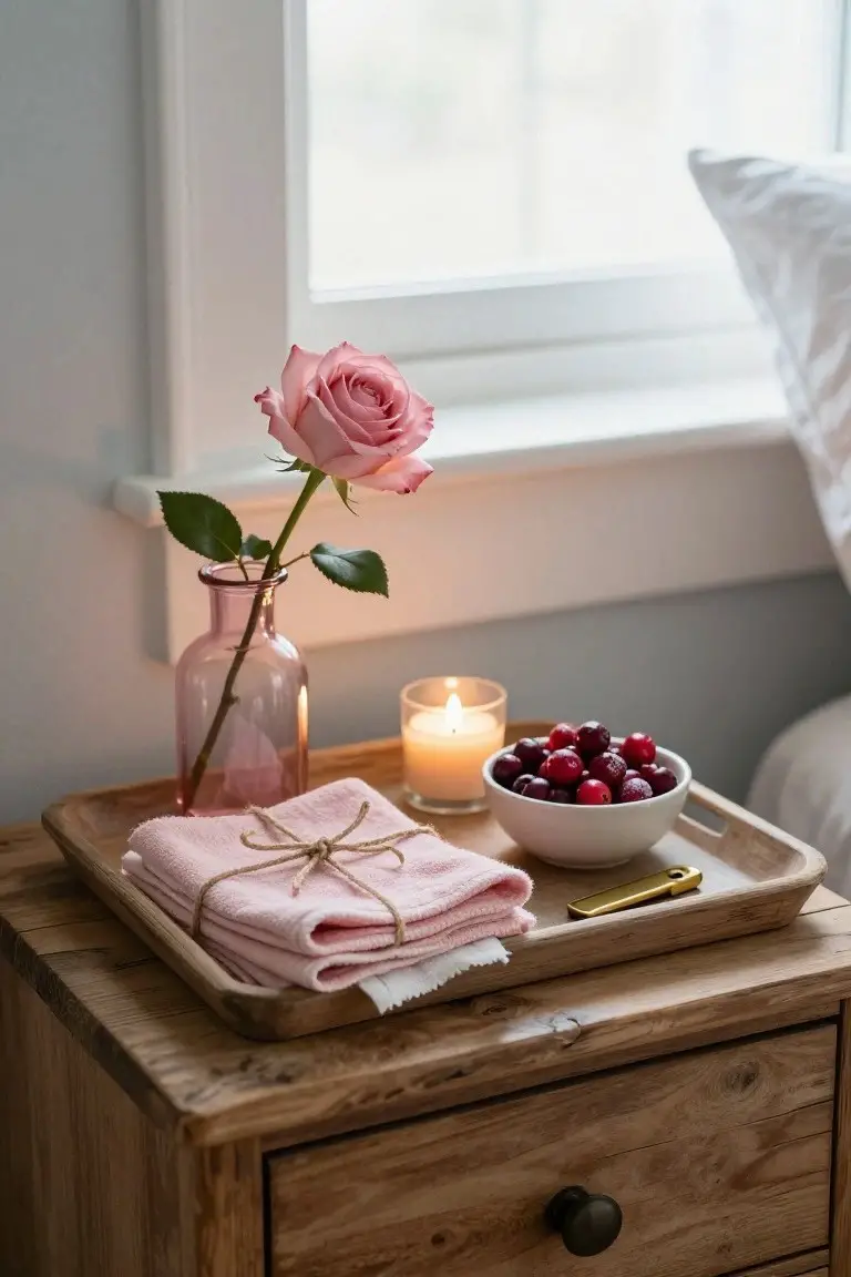 Wooden nightstand next to a bed and window holds a pink rose in a pink glass vase, a white bowl of red cranberries, a lit candle in a glass holder, and stacked pink towels tied with twine on a wooden tray.
