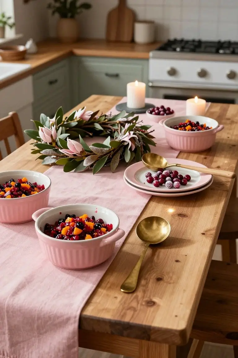 Wooden dining table in a kitchen with pink ceramic bowls filled with mixed berries and orange pieces, pink plates topped with sugared cranberries, gold ladle and bowl, candles, pink runner, and eucalyptus wreath.