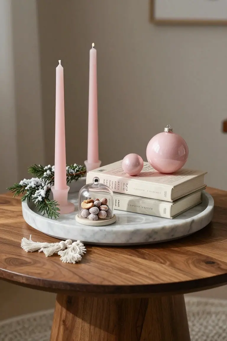 Close-up of a white marble tray on a wooden round table holding two lit pink taper candles in holders, a glass dome with sugared nuts, stacked white books, two pink glass Christmas baubles, and frosted fir branches, with white tassels nearby.