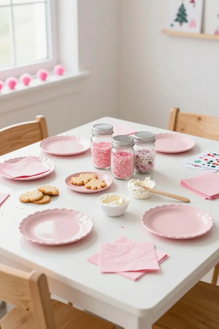 White kids' table set with pink scalloped plates and napkins, jars of pink and white sprinkles, bowls of white frosting, gingerbread cookies, and wooden chairs in a bright room with pink balloons near the window.