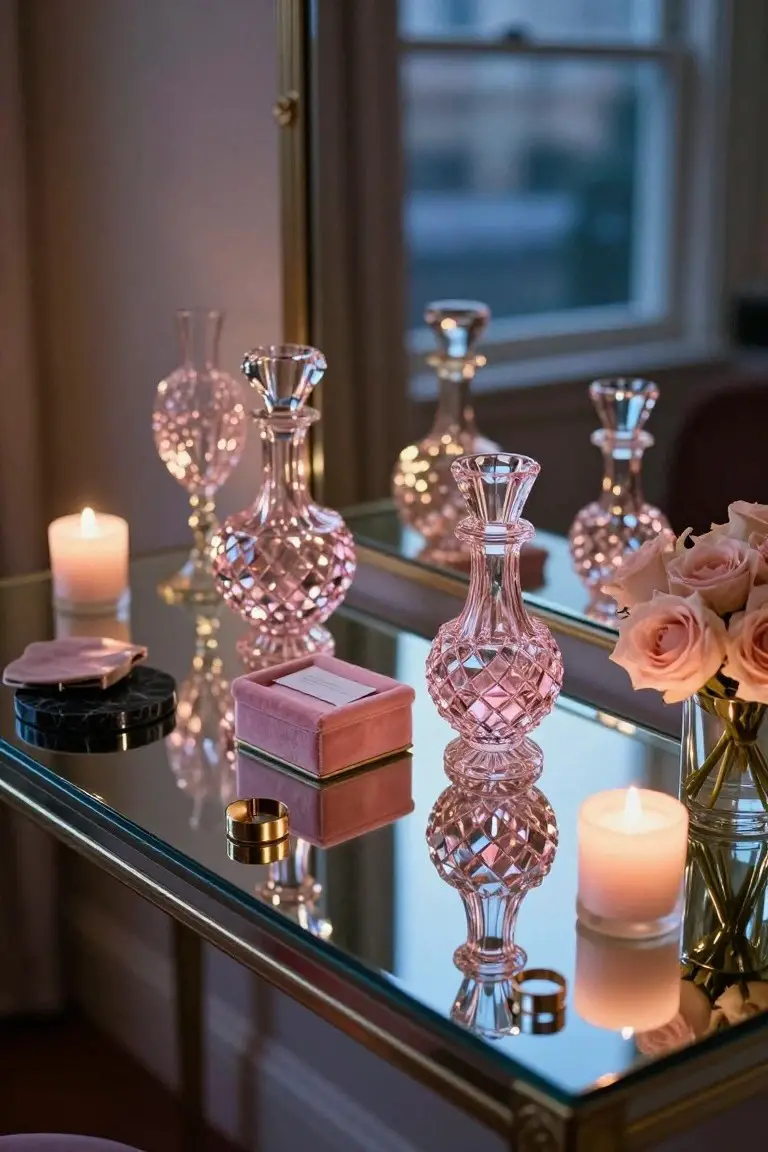 Close-up of a mirrored glass dressing table holding several pink-tinted crystal decanters, white candles, a pink velvet box, a black tray with pink item, and a vase of pale pink roses, all reflected in the table surface and a nearby mirror with soft lighting.