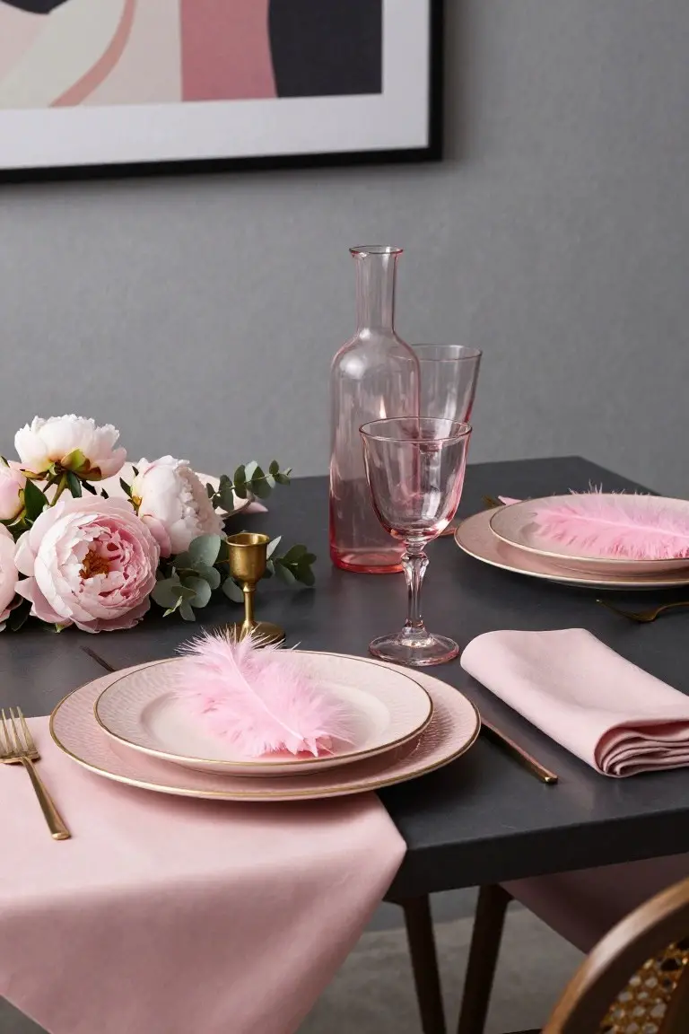 Dining table with two place settings on pink napkins, gold-rimmed plates topped with large pink feathers, pink glassware, a pink decanter, white peonies, and a gold candlestick on a dark tabletop with pink tablecloth edges.
