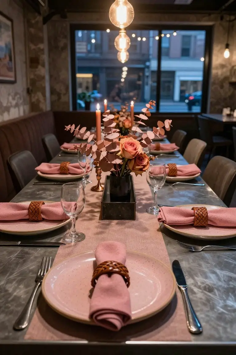 Dining table set for multiple people with pink plates, pink napkins wrapped in braided tan leather rings, wine glasses, silverware, a pink runner, and a black vase centerpiece of peach roses and pink eucalyptus, on a gray metal table surface in a brick-walled room with pendant lights and large windows.