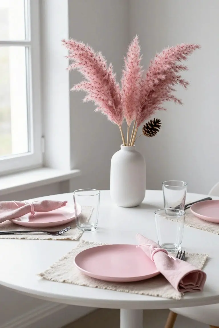 Round white table set for two with pink plates, pink napkins wrapped around utensils, clear glasses, and a white vase of pink pampas grass stems with a pine cone, next to a window in a light interior.
