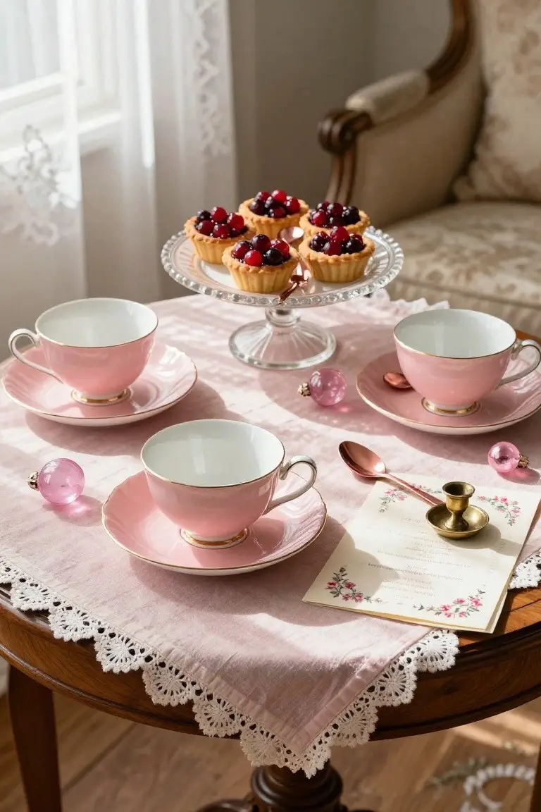 Closeup of a wooden table set for tea with pink porcelain cups and saucers, a glass stand holding cherry tarts, rose gold spoons, pink glass ornaments, a brass candlestick, and a handwritten note on a pinkish lace tablecloth, next to a vintage upholstered chair and window with sheer curtains.