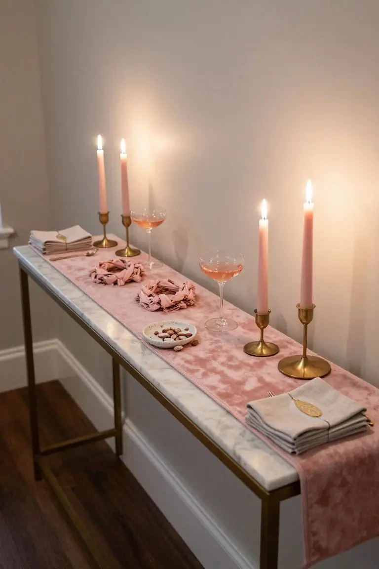 Gold metal console table with white marble top against a beige wall, topped with pink velvet runner, two pink braided wreaths, white dish of nuts, pink champagne glass, pink candles in gold holders, linen napkins, and flatware.