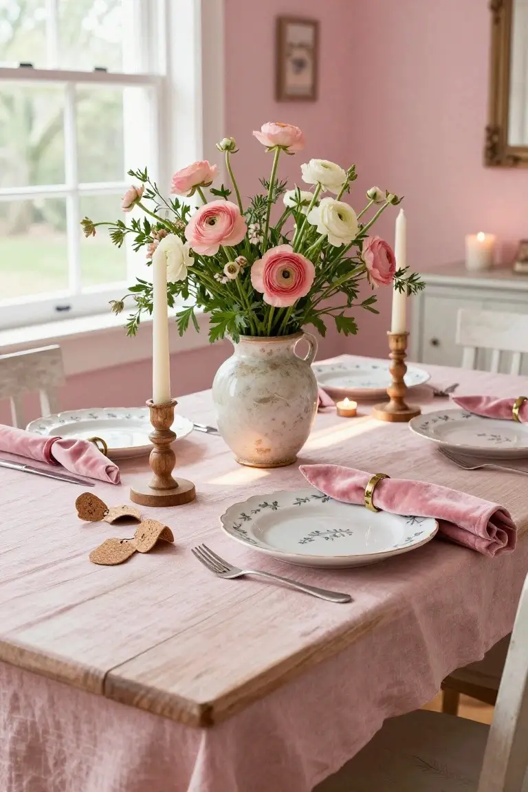 Close view of a wooden dining table covered in blush pink linen, featuring a central terracotta vase of pink and white ranunculus flowers, white plates with green leaf designs, pink napkins with gold rings, forks, and wooden candlesticks with white candles in a pink-walled room with a window.