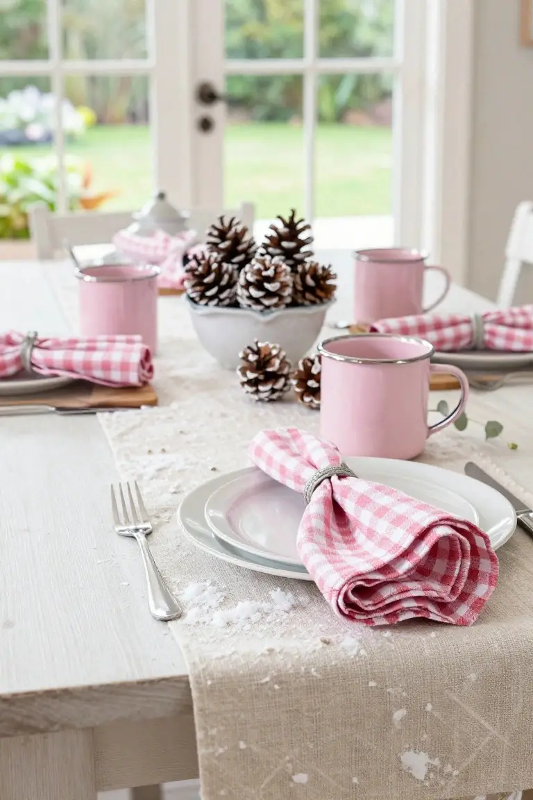 Wooden dining table set for Christmas with pink enameled metal mugs, pink gingham napkins with rings, bowl of pinecones, white plates, forks, and a textured beige runner with white flecks, next to French doors overlooking a garden.