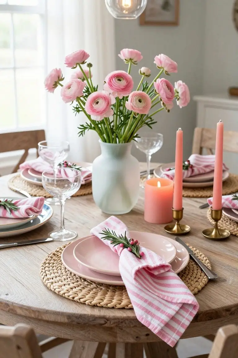 A wooden round dining table set with pink plates, striped pink napkins garnished with rosemary and berries, wine glasses, brass candlesticks with pink taper candles, a central vase of pink ranunculus flowers, and woven placemats.