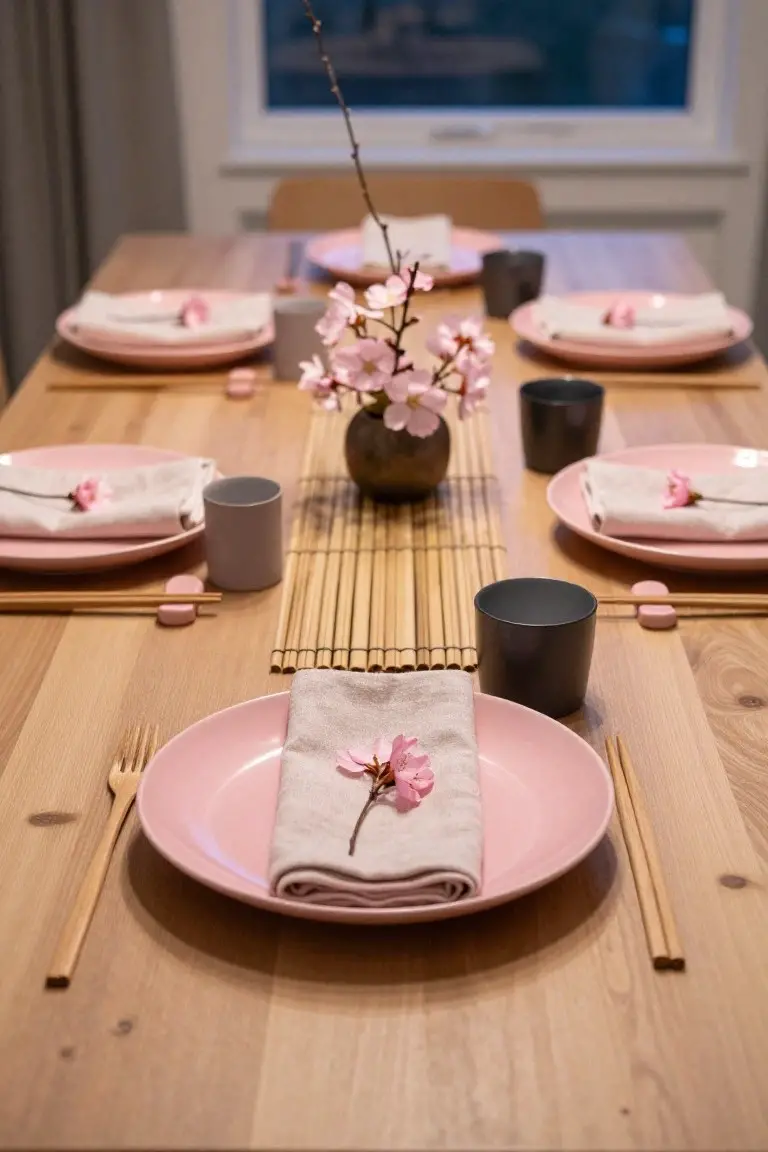 Close-up of a wooden dining table set with pink plates, beige napkins holding cherry blossom stems, black ceramic cups, wooden chopsticks and forks, pink rests, and a central bamboo runner with a vase of pink flowers.