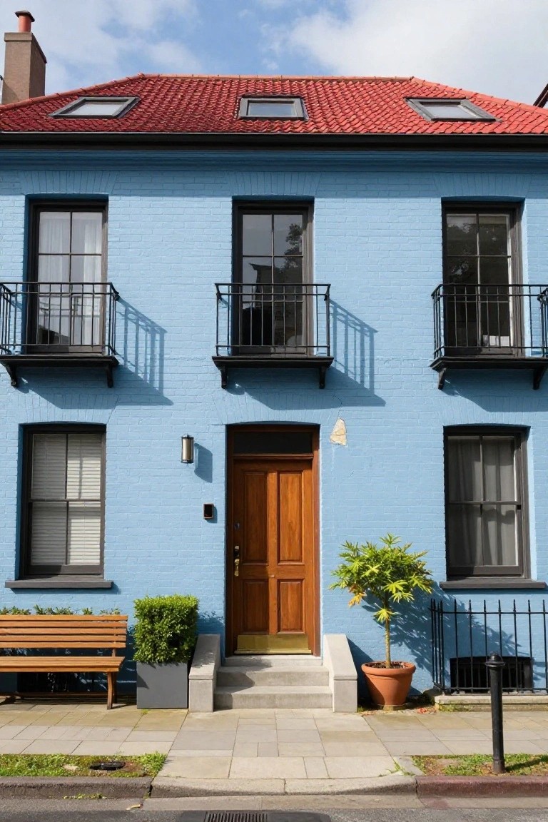 A two-story blue brick house with red tiled roof, black metal balconies on upper windows, wooden front door, potted plants flanking the entry, wooden bench on the sidewalk, and paved street in front.