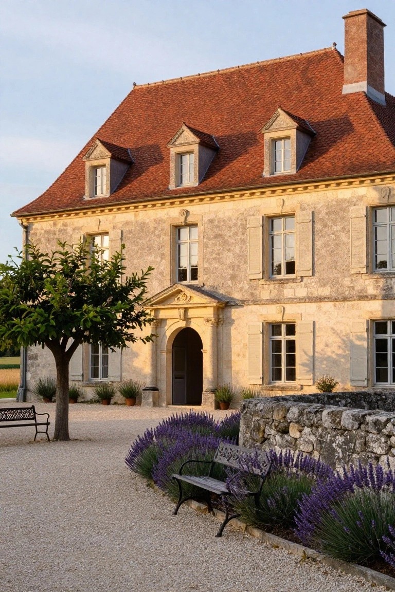 Beige stone house with red tiled roof, dormer windows, arched entry, gravel courtyard, lavender beds, benches, and a tree in front.