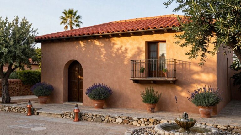 Beige stucco Mediterranean-style house with red barrel tile roof, arched entryway, wooden door, second-floor balcony, courtyard fountain, olive tree, lavender plants in pots, lanterns, and stone paving.