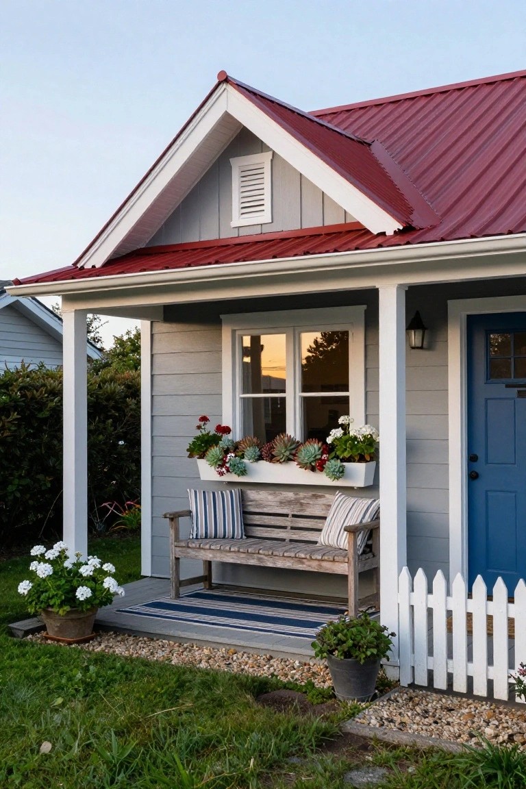 Small gray clapboard house with gabled red metal roof, white-trimmed porch featuring blue front door, flower-filled window box, wooden bench with cushions, potted plants, white picket fence, gravel path, and grassy yard.