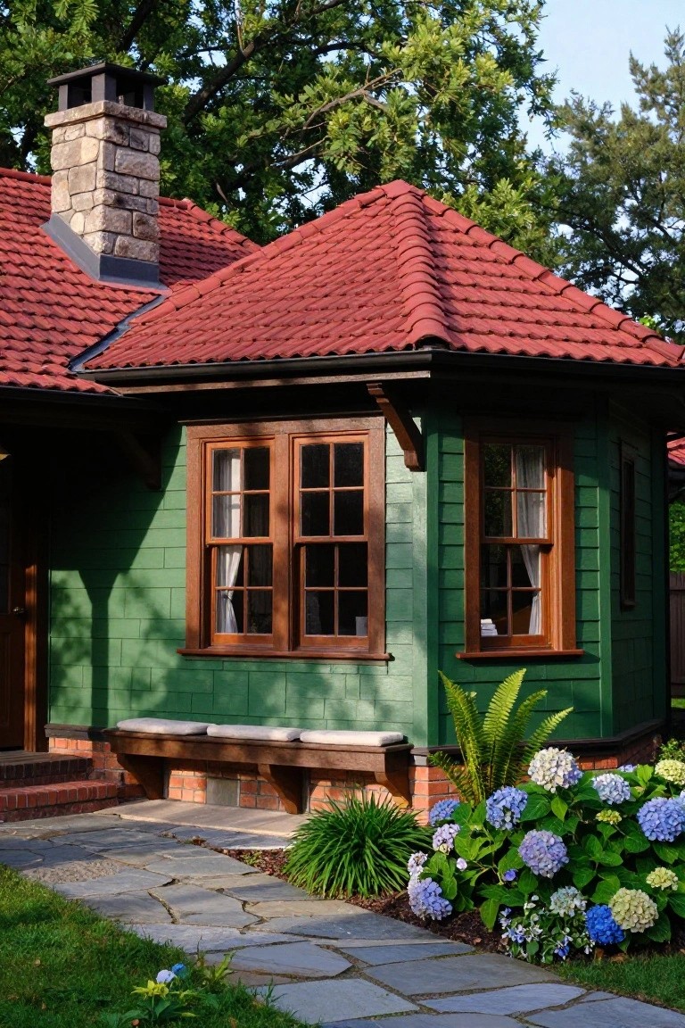 Green shingle siding on a house corner with red tile roof, stone chimney, bay window with wood frames, wooden bench on brick base, stone pathway, and hydrangea bushes in the yard.