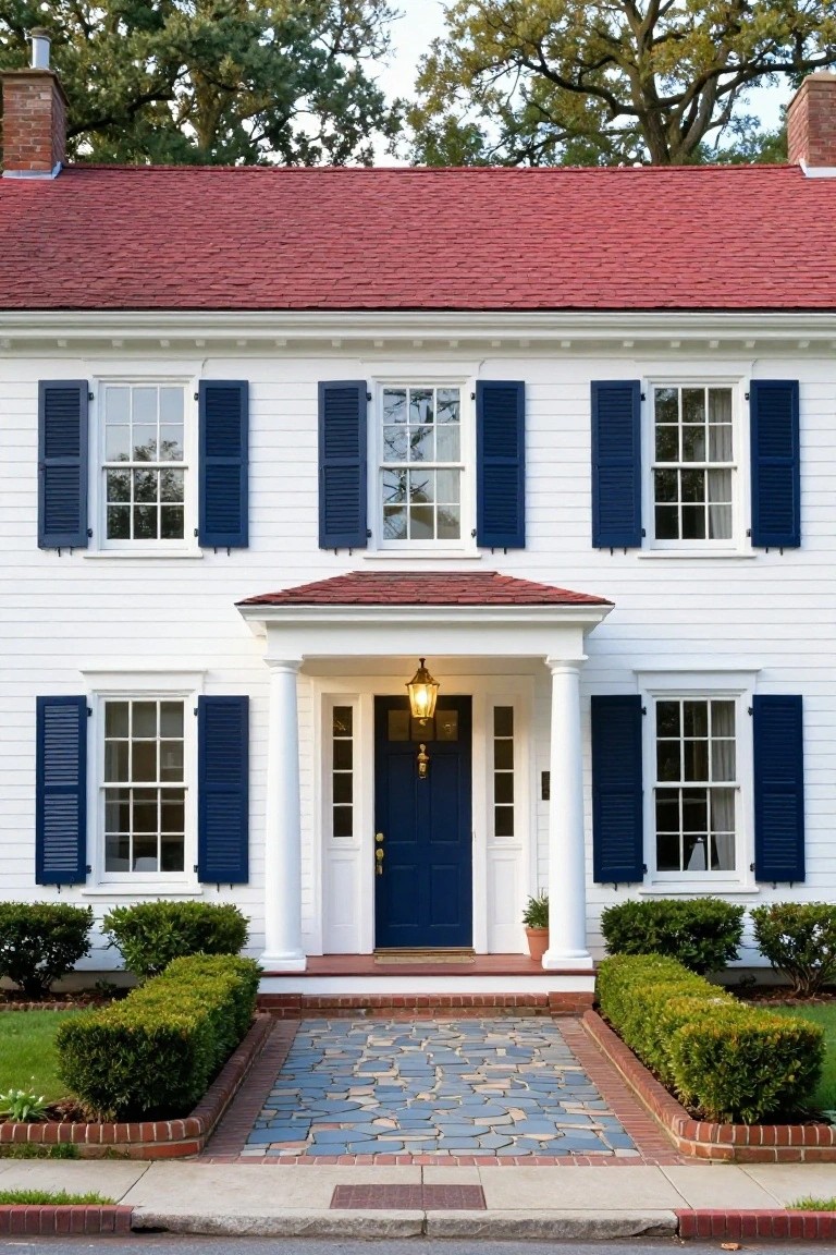 Two-story white clapboard house with red roof, navy blue shutters on multipane windows, navy front door under white columned portico, brick-paver entry path lined with boxwood hedges.