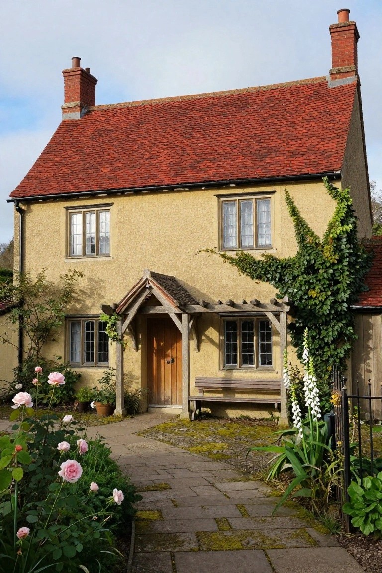 Ochre plaster two-story cottage house with red tiled roof, wooden front door under a pergola porch, climbing ivy on the right side, pink rose bushes, white foxgloves, and a stone path in the front garden.