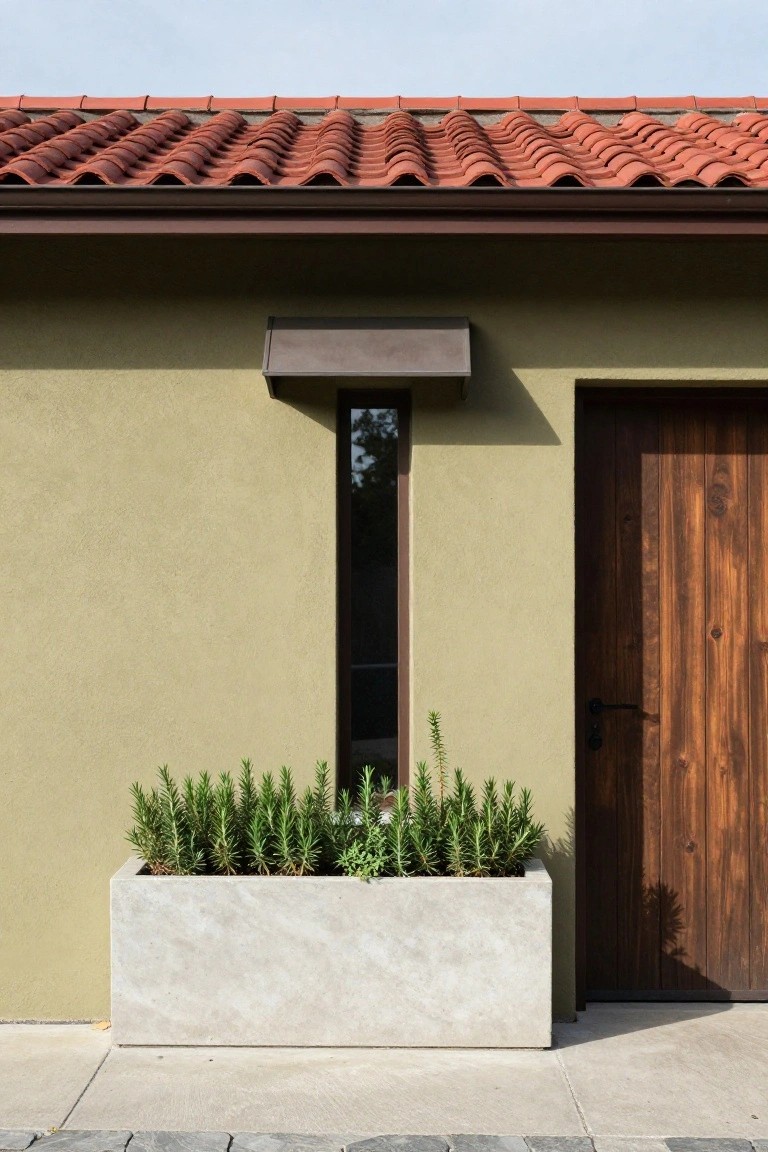Close-up exterior view of a house corner showing red barrel tile roof, olive green stucco walls, narrow vertical window, dark wood entry door, and white rectangular planter box filled with rosemary plants along the base.