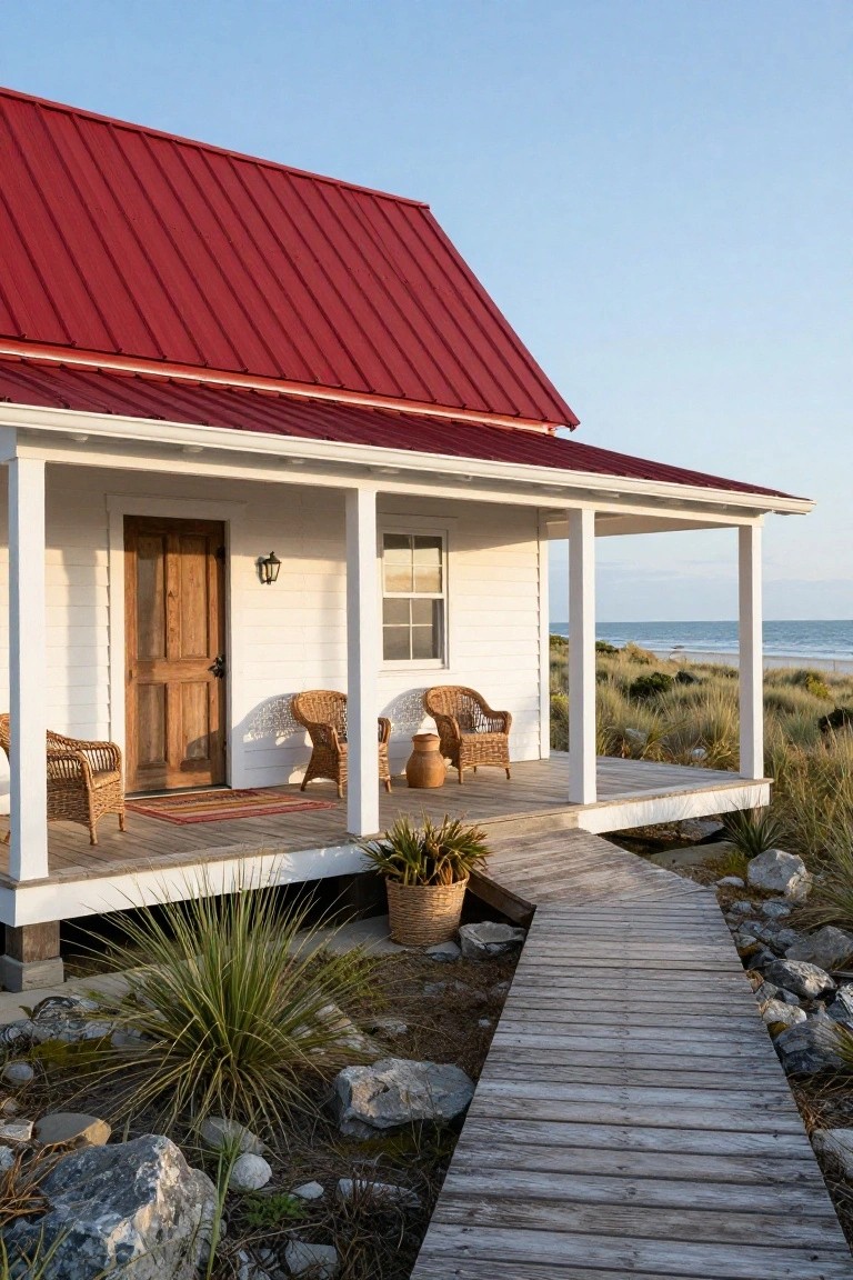White clapboard house with red metal roof on a beachfront lot, porch with wicker chairs, wooden boardwalk path amid rocks and dune plants, ocean in background.