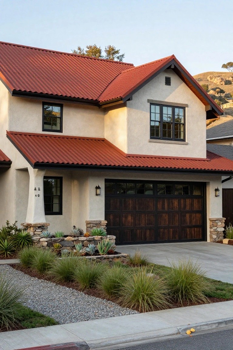 Two-story house exterior featuring red corrugated metal roof, beige stucco walls, black-framed windows, dark wood garage door, stone garden bed with succulents and grasses, and concrete driveway.