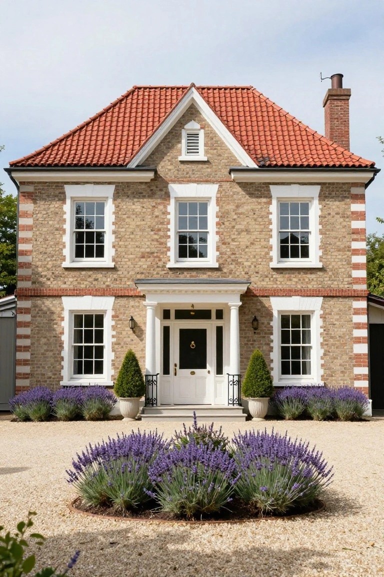 Two-story house with red tiled roof, buff brick walls accented by red stripes, white sash windows, pillared entry porch with black door, lavender shrubs in circular gravel bed.