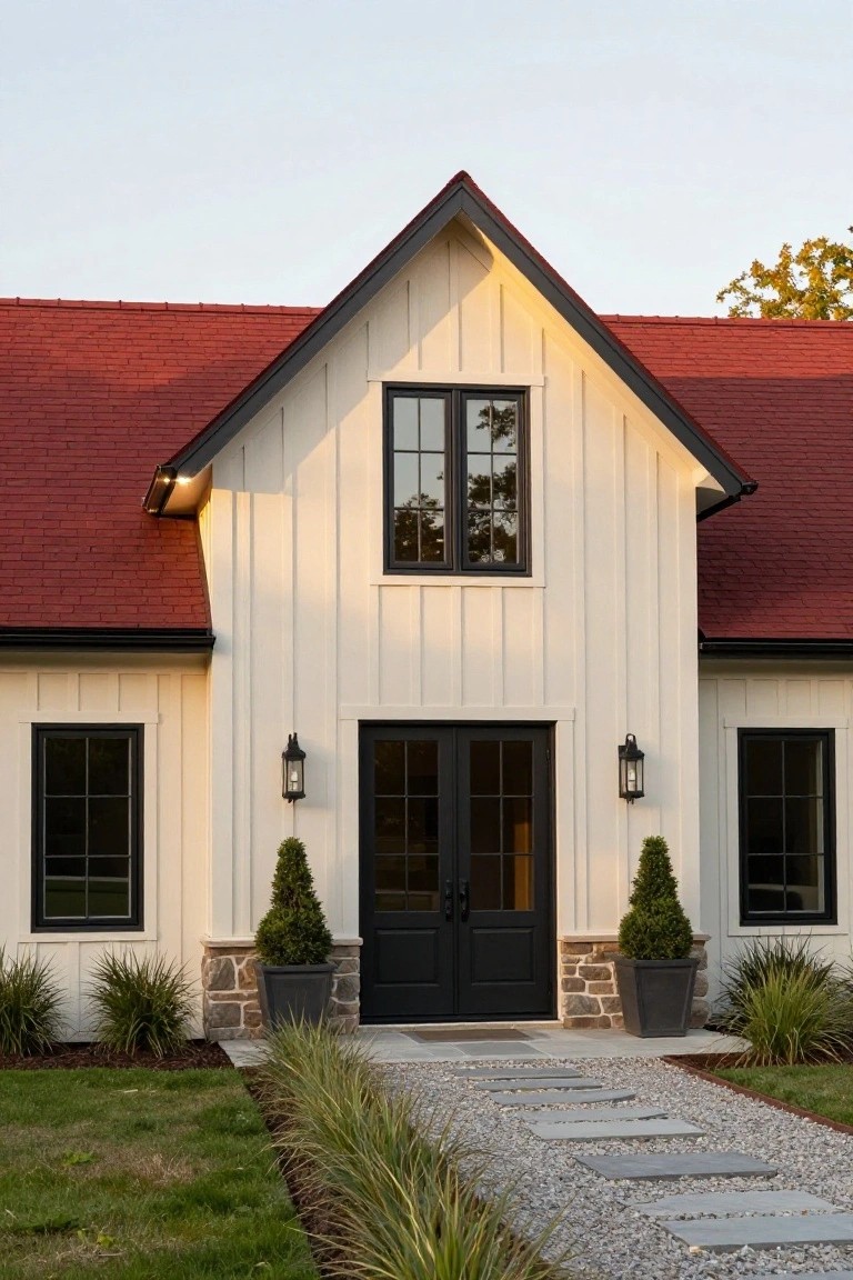 Front view of a two-story house exterior featuring white board-and-batten siding, a steep red gabled roof, black-framed windows and double doors, lantern lights, boxwood shrubs in gray pots on a stone base, ornamental grasses, and a flagstone pathway on a lawn.