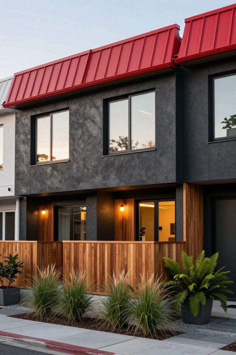 Modern duplex house exterior with red metal roof, dark gray stucco walls, black-framed windows, wooden fence and accents, grasses and ferns in front planting bed, at dusk.