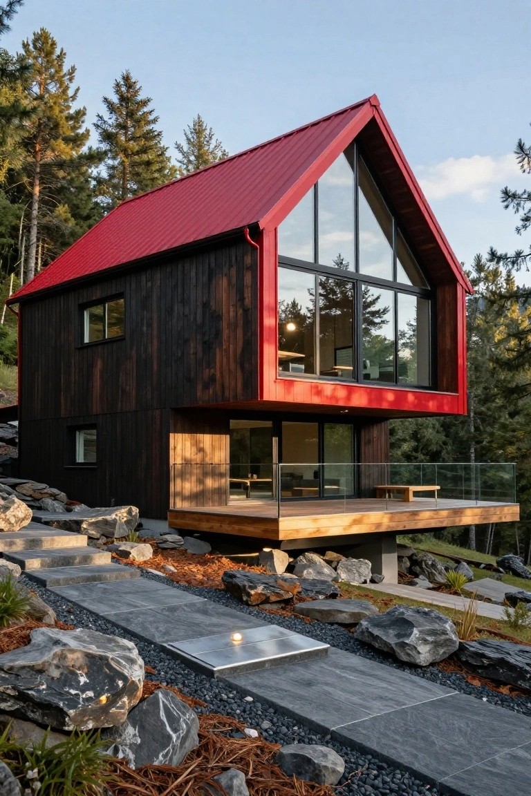 Modern two-story cabin with red standing-seam metal roof, black charred wood siding, large triangular glass window on the front, wooden deck with glass railing, stone steps and pathway, rocks, and pine trees in a forested hillside setting.