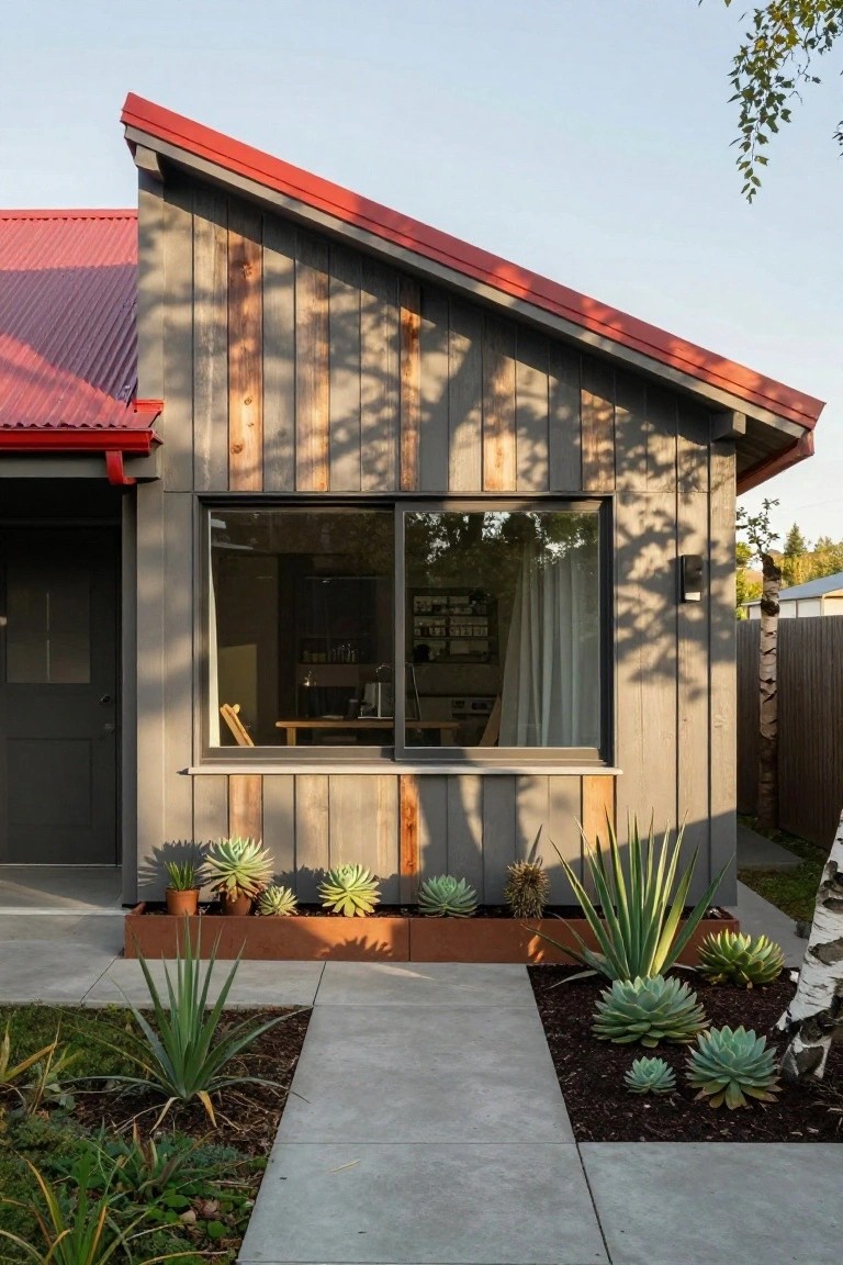 Side view of a modern house with red corrugated metal roof, dark gray vertical wood cladding, large window with interior view, black entry door, and succulent plants in raised beds along a concrete path.