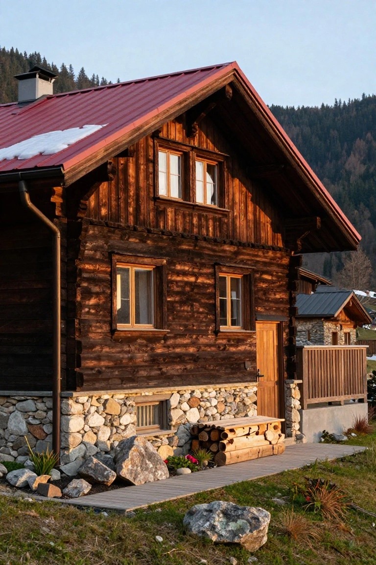 Wooden chalet house with red metal roof partially covered in snow, dark timber siding, stone foundation, firewood stack on bench, plants and rocks in front, and forested mountains in background at sunset.