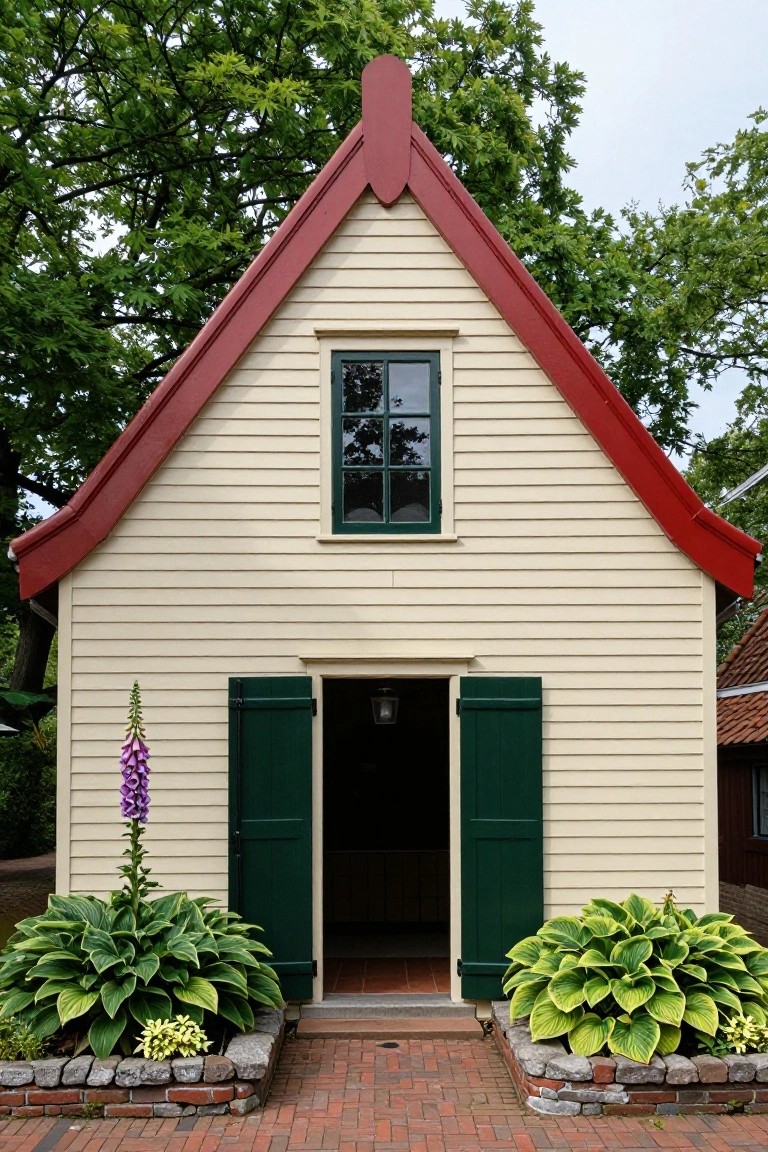 Small cream clapboard house with steep red gabled roof, single upper window, green shutters at open front door, flanked by hosta plants and foxglove flower stalk on brick pathway with stone edging.