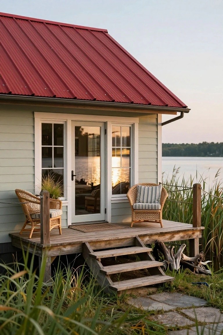 Light green house with red metal roof, large glass door and windows facing a lake, porch with two wicker chairs, reeds and driftwood nearby at dusk.