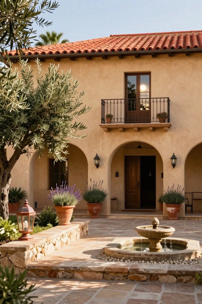 Beige stucco Mediterranean-style house with red barrel tile roof, arched entryway, wooden door, second-floor balcony, courtyard fountain, olive tree, lavender plants in pots, lanterns, and stone paving.
