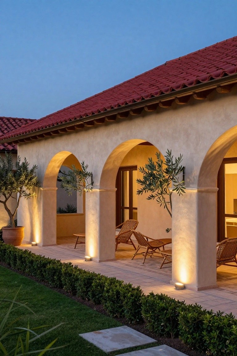 Beige stucco house exterior with red barrel tile roof, three arched openings along a covered porch area with wicker lounge chairs, potted olive trees, low hedges, grass lawn, and uplights at dusk.