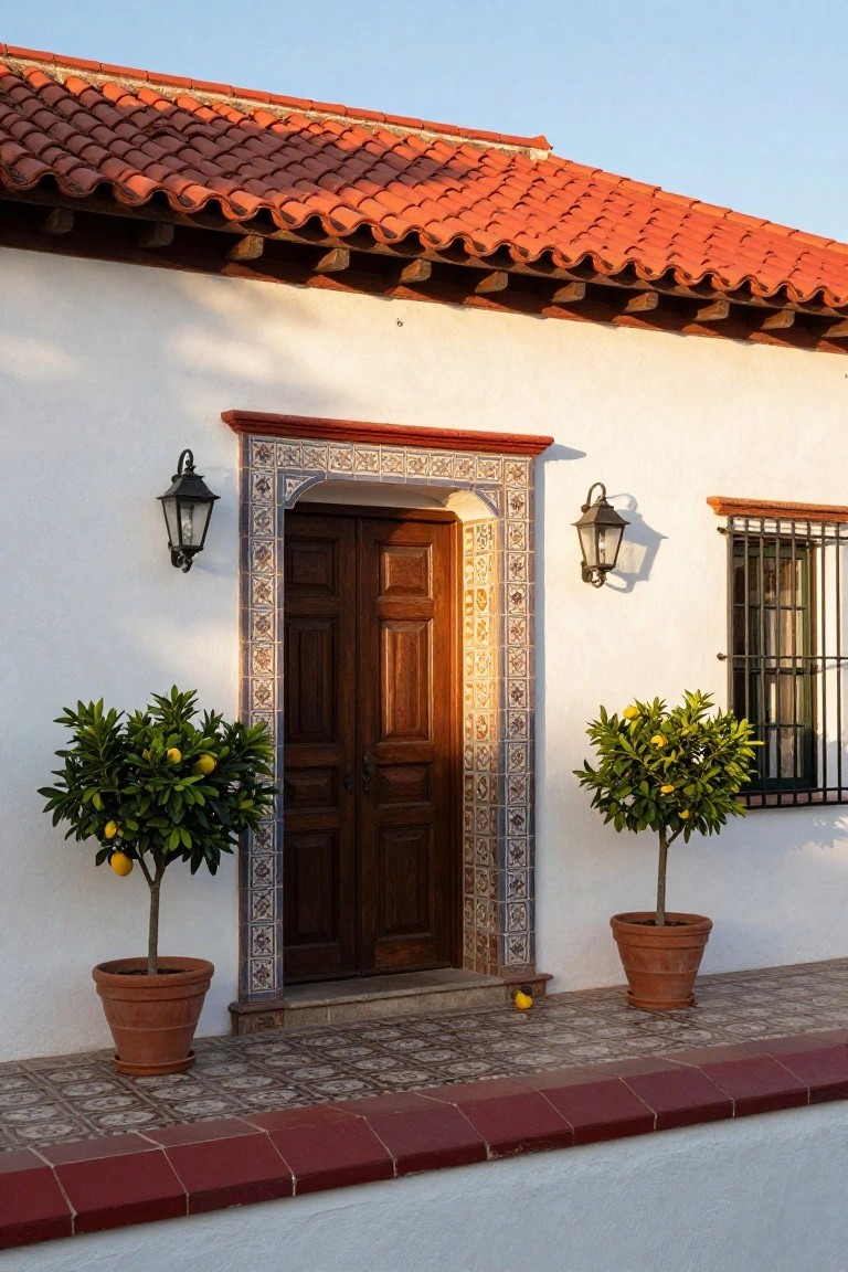 White stucco house facade with red tile roof, dark wooden double door in a blue and white tiled archway, flanked by two potted lemon trees in terracotta pots, iron lanterns on each side, and a barred window to the right.