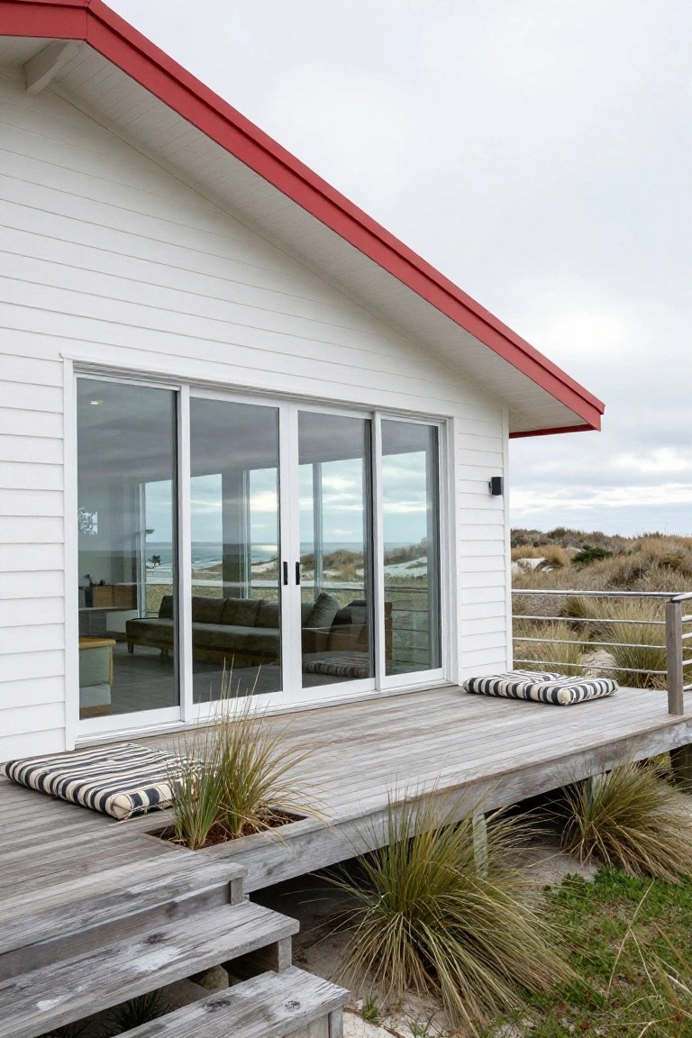 White weatherboard house with red gabled roof, large sliding glass doors, wooden deck with cushions and potted grasses, overlooking sand dunes and ocean.