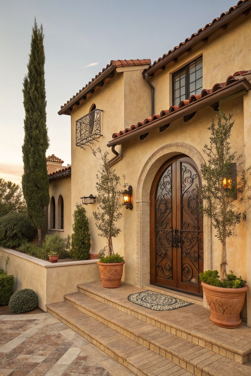 Beige stucco house exterior featuring a double dark brown wood arched door with wrought iron scrollwork, flanked by olive trees in terracotta pots, stone steps, and a terracotta tile roof at dusk.