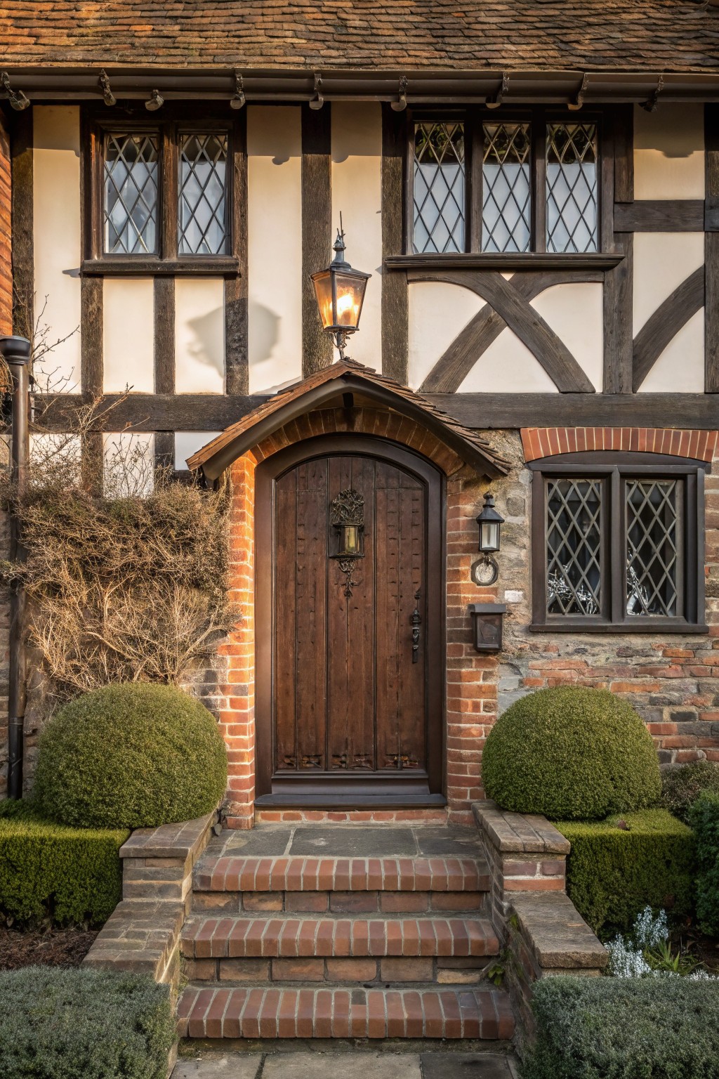 Tudor-style house facade with white stucco, dark timber framing, red brick entry porch, dark wooden arched front door, lanterns, and clipped green shrubs on brick steps.