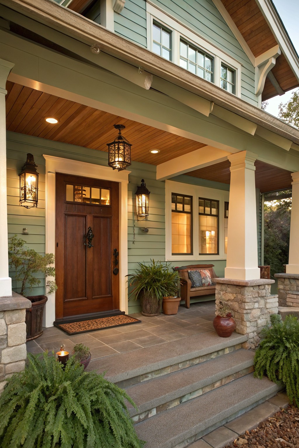 Front porch of a Craftsman house with sage green siding, white trim, dark brown wooden double door with divided lights, lanterns, wooden ceiling, bench, potted plants, and stone steps.
